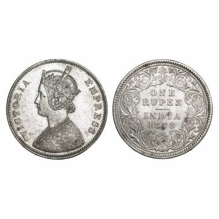 Victoria Empress, Silver, Rupee, 1878, Calcutta Mint, A1/I, No mint mark. F. Prid 116. GK 