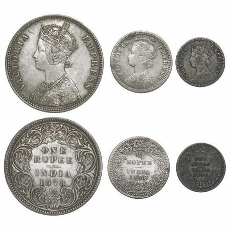 Victoria Empress, Silver, 1878 (3 coins), Calcutta Mint, 1) Rupee, A1/I, No mint mark, 2) 