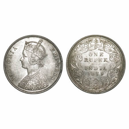 Victoria Empress, Silver, Rupee, 1879, Bombay Mint, A3/I, Dot. F. Prid 154. GK 460. Extrem