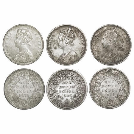 Victoria Empress, Silver, Rupee, 1879 (3 coins), Bombay Mint, A3/II(iv), Dot. F. Prid Unli