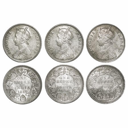 Victoria Empress, Silver, Rupee, 1880 (3 coins), Bombay Mint, 1) A3/II(i), Dot, 2 & 3) A3/