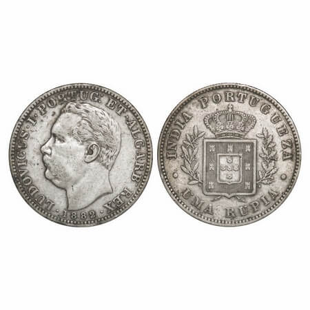 Indo Portuguese, Silver Rupia, 11.49g, D Luis, 1882 AD, Goa issue, Obv: date, Bust to left