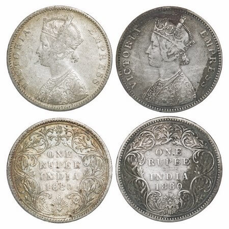 Victoria Empress, Silver, Rupee, 1880 (2 coins), Bombay Mint, 1) A3/I, Dot, 2) A3/II(iv), 
