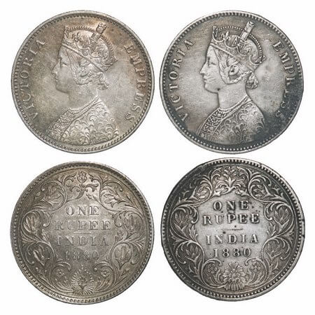 Victoria Empress, Silver, Rupee, 1880 (2 coins), 1) Bombay Mint, A3/II(iv), Dot, 2) Calcut
