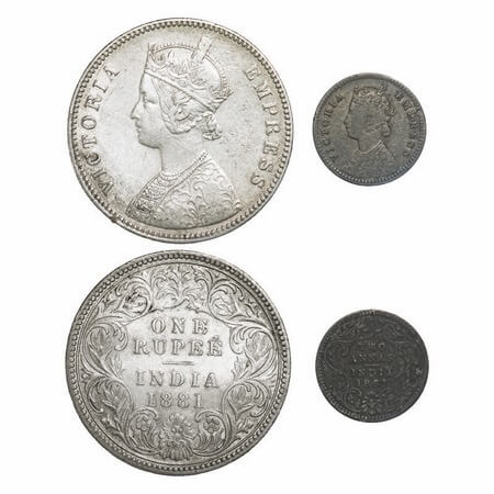 Victoria Empress, Silver, 1881 (2 coins), Calcutta Mint, 1) Rupee, A1/I, 'C' incused, 2) 2
