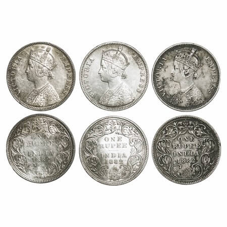 Victoria Empress, Silver, Rupee, 1882 (3 coins), Bombay Mint, 1) A3/II(iv), Dot, 2 & 3) A3