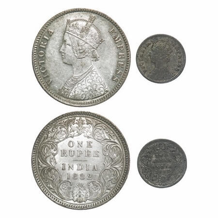Victoria Empress, Silver, 1882 (2 coins), Calcutta Mint, 1) Rupee, A1/I, 'C' incused, 2) 2