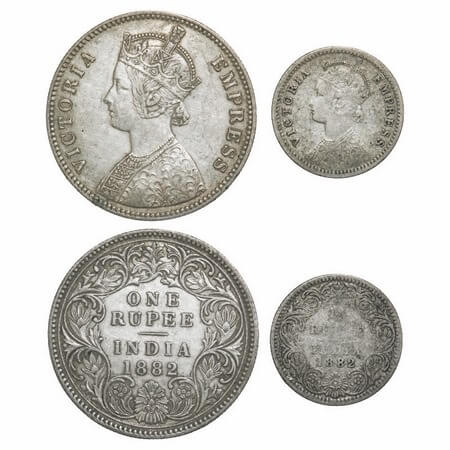 Victoria Empress, Silver, 1882 (2 coins), Calcutta Mint, 1) Rupee, A1/I, 'C' incused, 2) 1