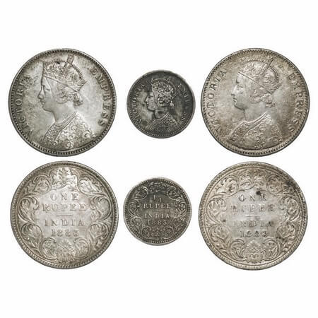 Victoria Empress, Silver, 1883 (3 coins), 1) Rupee, Bombay Mint, A3/I, No dot, 2) Rupee, B