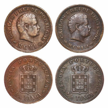 Indo Portuguese, Copper ¼ Tanga (2 Coins), D.Carlos (Colonial coinage), / MCMI (1901) & MC