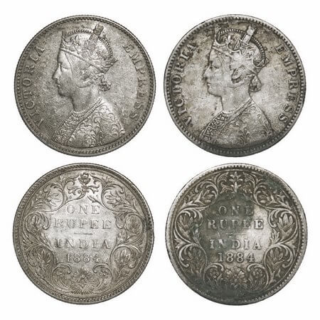 Victoria Empress, Silver, Rupee, 1884 (2 coins), Bombay Mint, 1) A3/II(i), 'B' raised bott