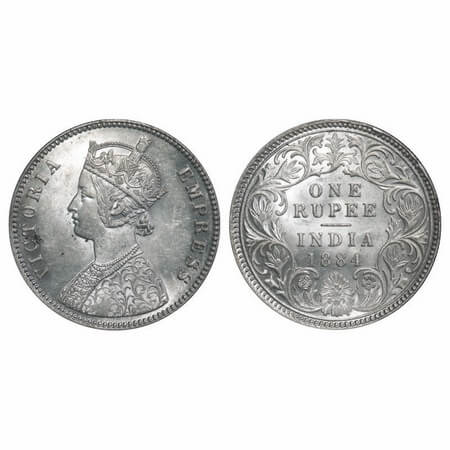 Victoria Empress, Silver, Rupee, 1884, Calcutta Mint, A1/I, 'C' incused. F. Prid 123. GK 4