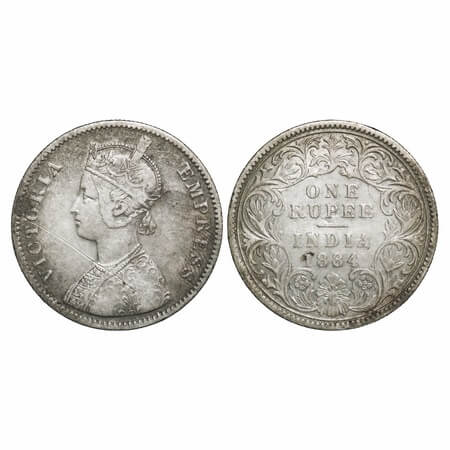 Victoria Empress, Silver, Rupee, 1884, Calcutta Mint, A1/I, 'C' incused. F. Prid 123. GK 4