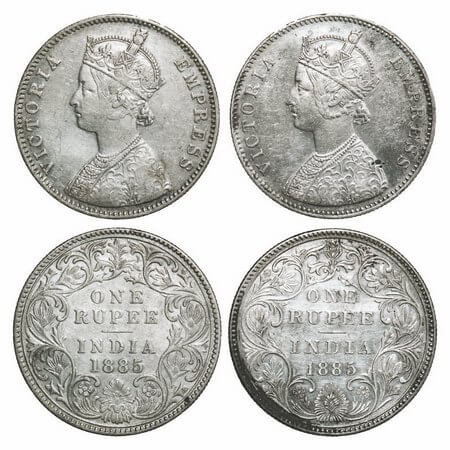 Victoria Empress, Silver, Rupee, 1885 (2 coins), Bombay Mint, 1) A3/II(i), 'B' raised, Top