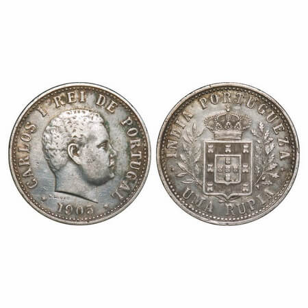 Indo Portuguese, Silver Uma Rupee, 11.58g, D. Carlos, 1903 AD. Obv: Bust & date, Rev: deno