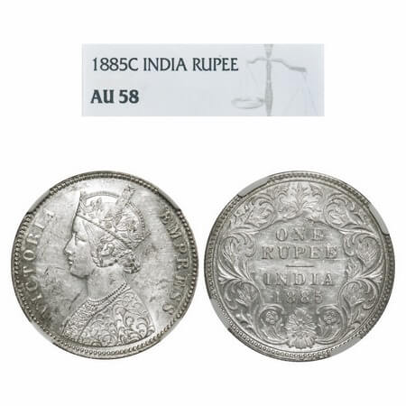 Victoria Empress, Silver, Rupee, 1885, Calcutta Mint, A1/I, 'C' incused, Top stroke of num