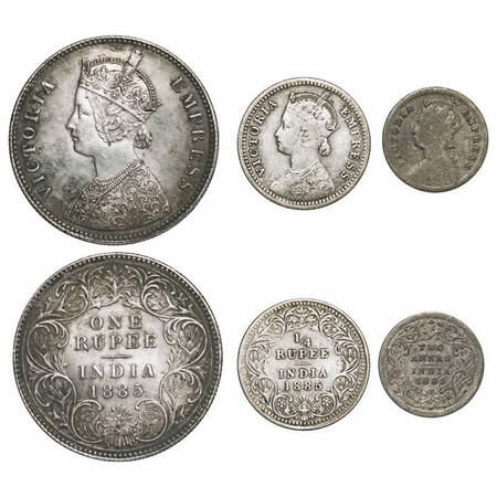 Victoria Empress, Silver, 1885 (3 coins), Calcutta Mint, 1) Rupee, A1/I, 'C' incused, Top 