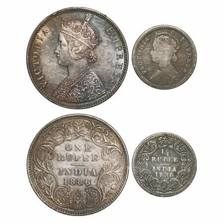 Victoria Empress, Silver, 1886 (2 coins), 1) Rupee, Bombay Mint, C2/I, 'B' incused, 2) 1/4