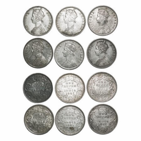 Victoria Empress, Silver, Rupee, 1887 (lot of 6 coins), 1) Bombay Mint, C2/I(ii), 'B' rais