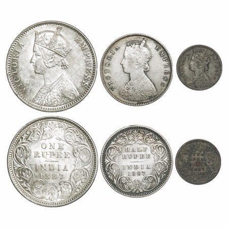 Victoria Empress, Silver, 1887 (3 coins), Calcutta Mint, 1) Rupee, C3/I(i), 'C' incused, T