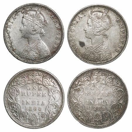 Victoria Empress, Silver, Rupee, 1888 (2 coins), Bombay Mint, 1) C2/I, 'B' raised, 2) C2/I