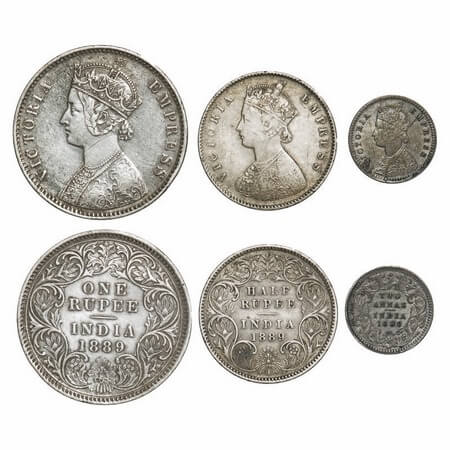 Victoria Empress, Silver, 1889 (3 coins), Calcutta Mint, 1) Rupee, C3/I(i), 'C' incused, 2
