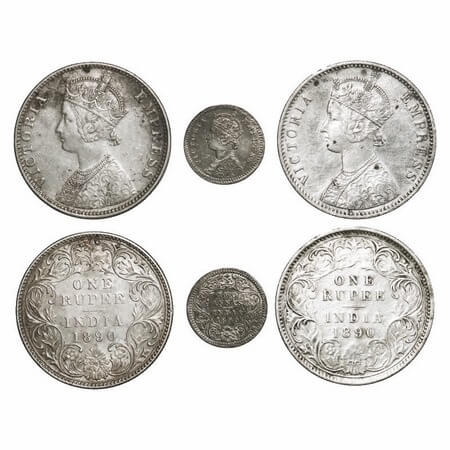 Victoria Empress, Silver, 1890 (3 coins), 1) Rupee, Bombay Mint, C2/I, 'B' incused, 2) Rup