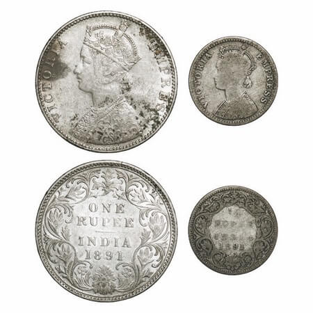 Victoria Empress, Silver, 1891 (2 coins), Bombay Mint, 1) Rupee, C2/I, 'B' incused, 2) 1/4