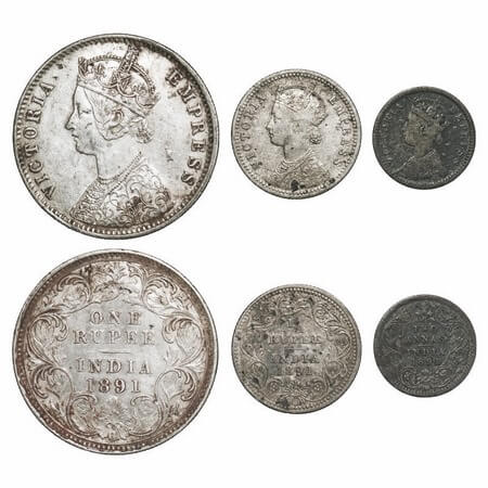 Victoria Empress, Silver, 1891 (3 coins), Calcutta Mint, 1) Rupee, C3/I(i), 'C' incused, 2