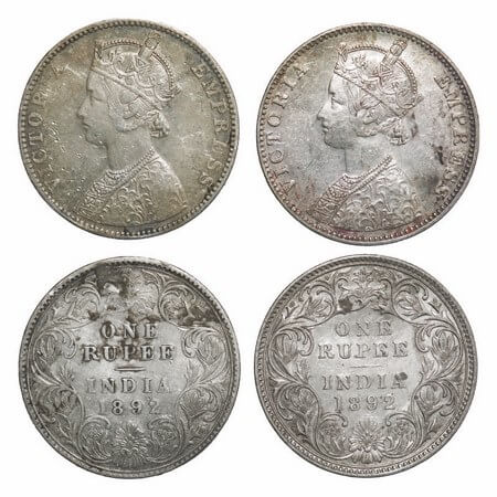 Victoria Empress, Silver, Rupee, 1892 (2 coins), Bombay Mint, 1) C2/I, 'B' incused, 2) C2/