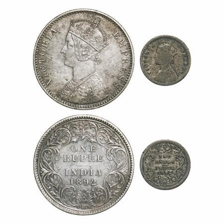 Victoria Empress, Silver, 1892 (2 coins), Calcutta Mint, 1) Rupee, C3/I, 'C' incused, 2) 2