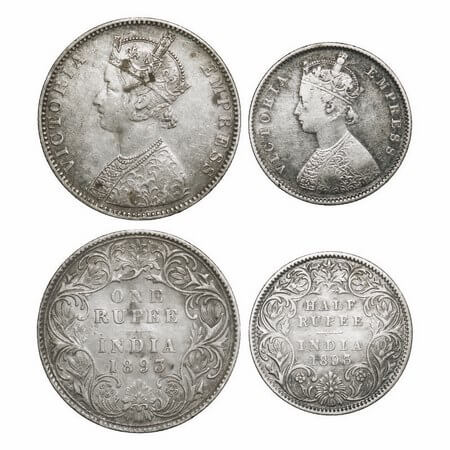 Victoria Empress, Silver, 1893 (2 coins), Bombay Mint, 1) Rupee, C2/I(ii), 'B' incused, 2)