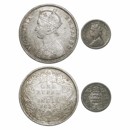 Victoria Empress, Silver, 1893 (2 coins), Calcutta Mint, 1) Rupee, C3/I(i), 'C' incused, 2