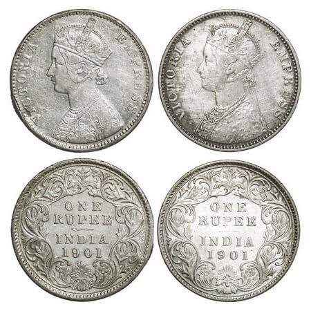Victoria Empress, Silver, Rupee, 1901 (2 coins), 1) Bombay Mint, A3(i)/I(ii), 'B' incused,