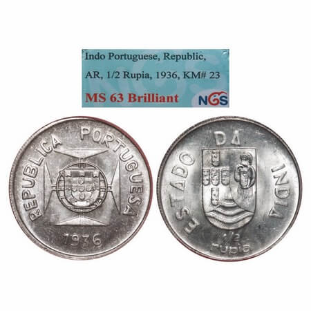 Indo Portuguese, Silver ½ Rupee, 5.82g, Republic (1910-1961 AD), 1936 AD. A.Gomes (page 60