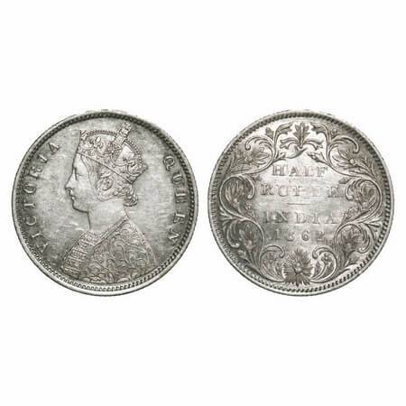 Victoria Queen, Silver, Half Rupee, 1862, Bombay Mint, B1/II, Round Pearls, Five petal flo