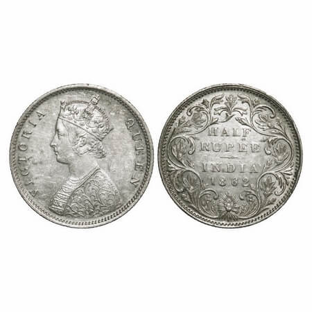 Victoria Queen, Silver, Half Rupee, 1862, Bombay Mint, B1/II, Round Pearls, Five petal flo
