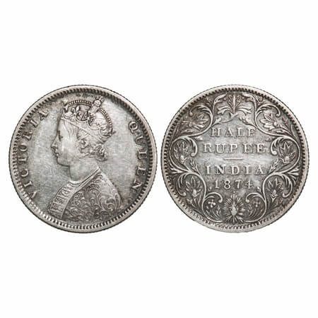 Victoria Queen, Silver, Half Rupee, 1874, Bombay Mint, B1/II, Dot. F. Prid 284. GK 599. Ve