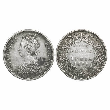 Victoria Queen, Silver, Half Rupee, 1875, Bombay Mint, B2/II, Dot. F. Prid 286. GK 602. Ve