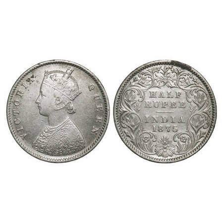 Victoria Queen, Silver, Half Rupee, 1875, Calcutta Mint, A/I, No mint mark. F. Prid 260. G