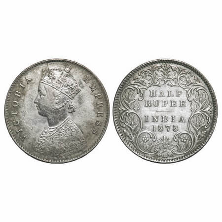 Victoria Empress, Silver, Half Rupee, 1878, Calcutta Mint, A/I, No mint mark. F. Prid 261.