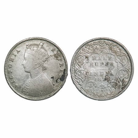 Victoria Empress, Silver, Half Rupee, 1879, Calcutta Mint, A/I, 'C' incused. F. Prid 263. 