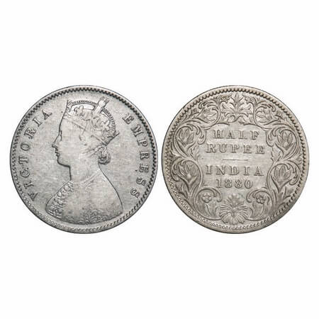 Victoria Empress, Silver, Half Rupee, 1880, Calcutta Mint, A/I, 'C' incused. F. Prid 264. 