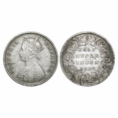 Victoria Empress, Silver, Half Rupee, 1882, Bombay Mint, A/II, Dot. F. Prid 291. GK 620. V