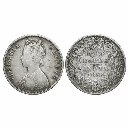 Victoria Empress, Silver, Half Rupee, 1884, Bombay Mint, A/II(i), No dot, Centre vertical 
