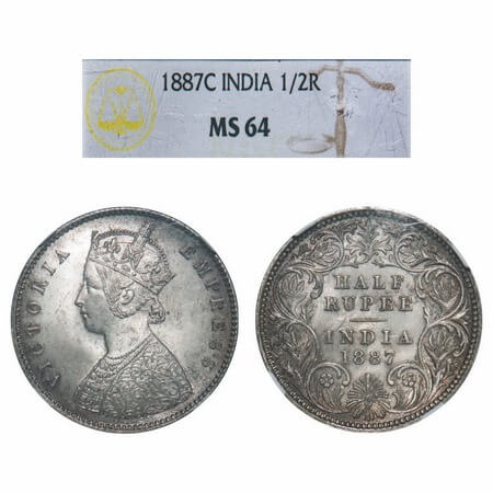 Victoria Empress, Silver, Half Rupee, 1887, Calcutta Mint, A/I, 'C' incused. F. Prid 271. 