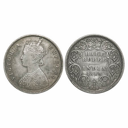 Victoria Empress, Silver, Half Rupee, 1888, Calcutta Mint, A/I, 'C' incused. F. Prid 272. 