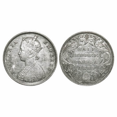 Victoria Empress, Silver, Half Rupee, 1889, Bombay Mint, A/II(i), 'B' raised. F. Prid 299.