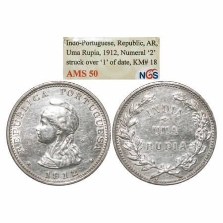 Indo Portuguese, Silver Rupia, Republic (1910-1961 AD), 1912 (2 overstruck on 1 in date), 