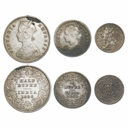 Victoria Empress, Silver, 1896, (3 coins), Calcutta Mint, 1) Half Rupee, A/I, 'C' incused,
